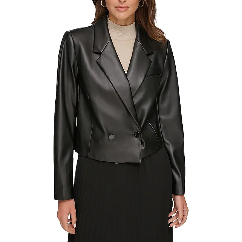 DKNY Womens Faux Leather Crop One-Button Blazer Women's Patchwork Suit