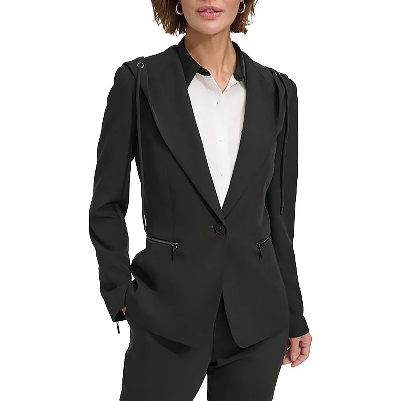 DKNY Womens Hooded Office One-Button Blazer Cotton Blend Blazer