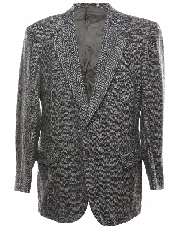 Herringbone Tweed Dark Grey Blazer - L Women's Luxury Jacket