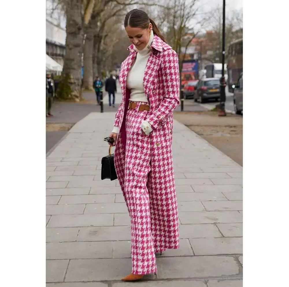 Hot Selling Pink Houndstooth Women Suits 2 Piece Peak Lapel Formal Casual Prom Party Pants Sets Blazer with Pants Women's Short Blazer