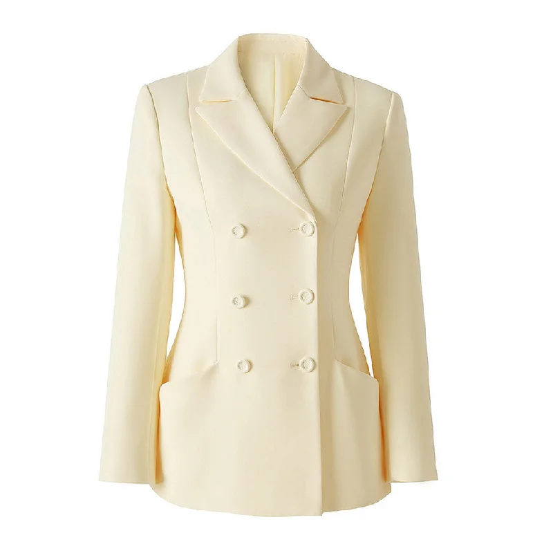 Monochrome Lapel Collar Double Breasted 3D Pocket Cinch Waist Blazer Women's Designer Suit