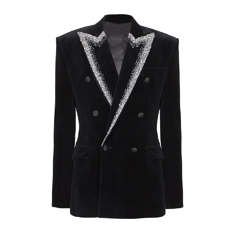 Opulent Beaded Peak Lapel Strong Shoulder Double Breasted Velvet Blazer Women's Print Jacket