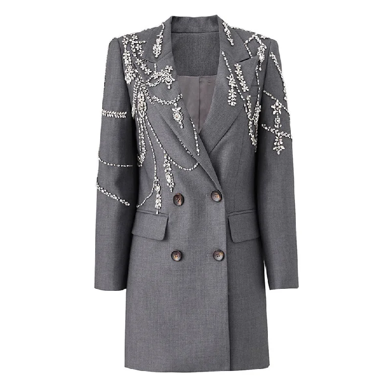 Opulent Rhinestone Embellished Lapel Double Breasted Long Tailor Blazer Women's Unique Blazer