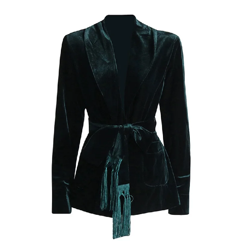 Opulent Shawl Neck Shoulder Pad Long Sleeve Belted Velvet Wrap Blazer Women's Banquet Suit