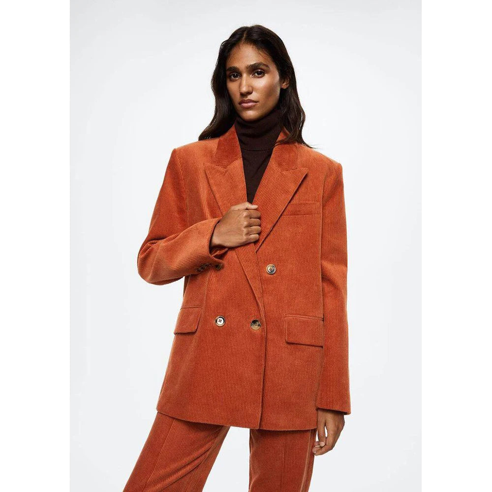 Orange Suede Double Breasted Women Pants Set New Female Two Pieces(Blazer+Trousers) High-End Women's Suit