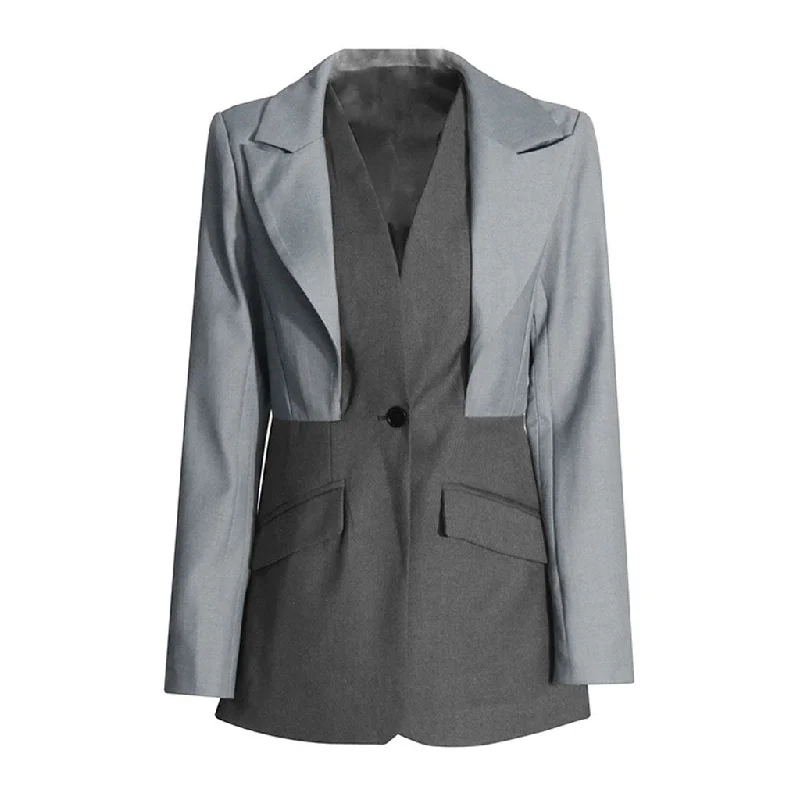 Sculptural Layered Collar Long Sleeve Two Tone One Button Tailored Blazer Women's Classic Blazer