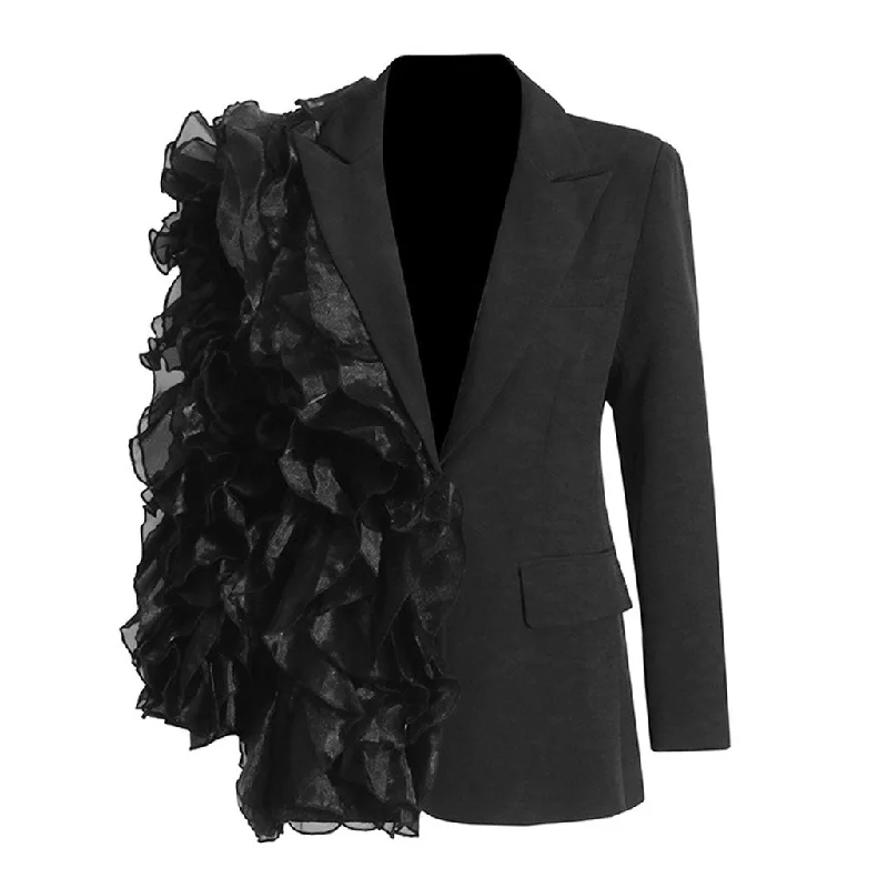 Sculptural Layered Ruffle Lapel Long Sleeve One Button Cinch Waist Blazer Women's Daily Blazer