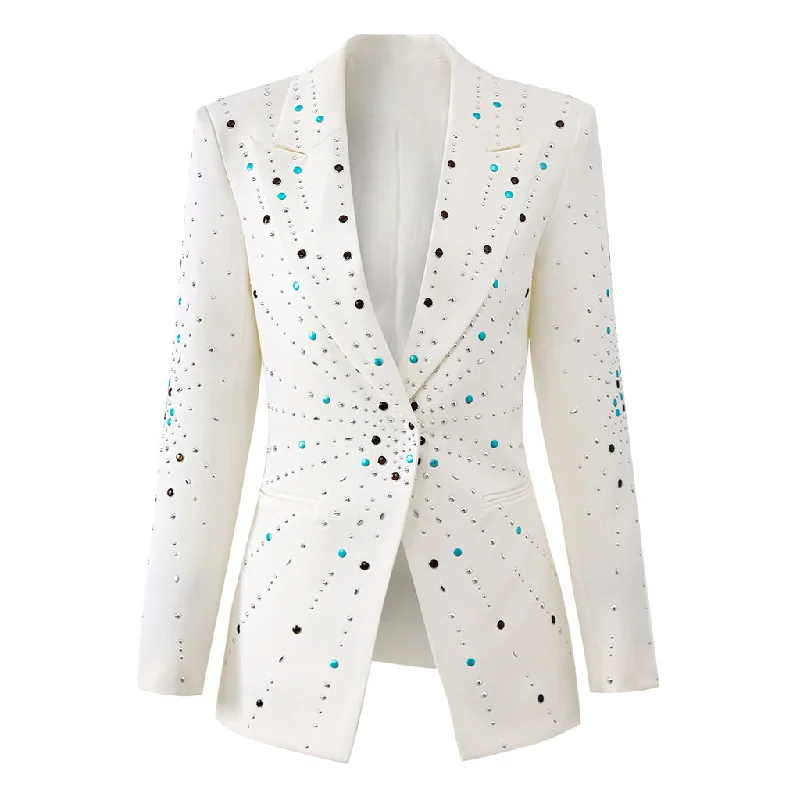 Starburst Galaxy Lapel Collar Padded Long Sleeve Cinch Waist Studded Blazer Women's Custom Suit