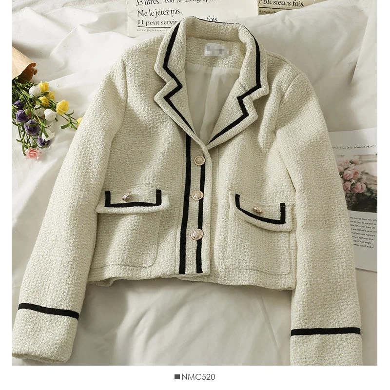 Striped tweed Lapel Blazer women's versatile single breasted long sleeved coat  2094 Women's Luxurious Jacket