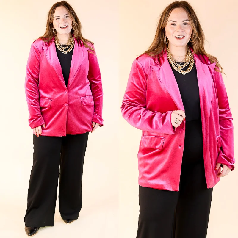 Touch Of Luxury Long Sleeve Velvet Blazer in Fuchsia Pink Women's Vintage Jacket