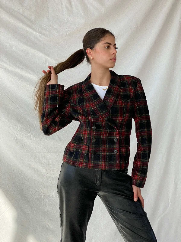 Vintage Far Hills Red Wool Plaid Short Blazer - L Women's Trendy Jacket