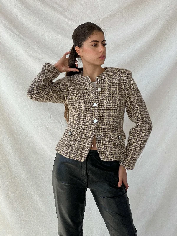 Vintage Finest Worsted Cream & Brown Tweed Blazer - M Women's Trendy Jacket