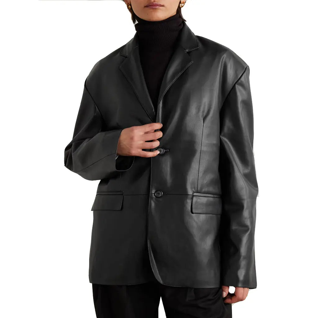 Women's Designer Black Real Leather oversized Two Button Classic Blazer Women's Vintage Jacket