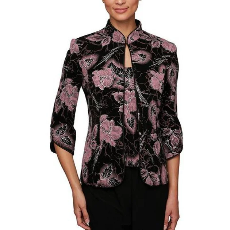 Alex Evenings Womens Petites Glitter Floral Print Collarless Blazer Women's Fashion Blazer