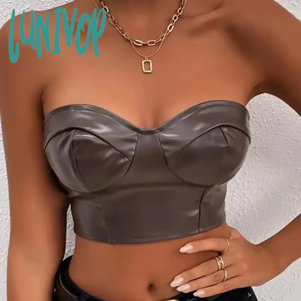 Lunivop Sexy Tank Top Glossy PU Leather Halter Crop Tops Women Wrap Chest Bare Midriff Camisole Sleeveless  Tube Top Female Cropped Vest Mesh Fabric Canvas Fabric Denim Fabric