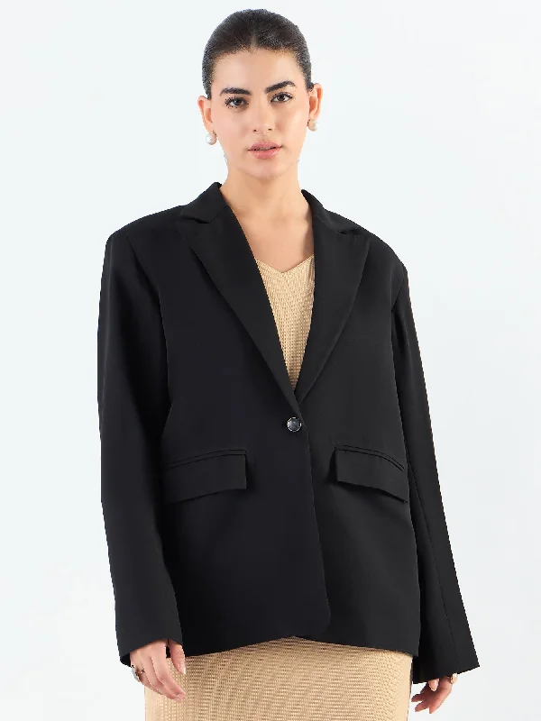 Black Poly Viscose Notched Lapel Oversized Fit Blazer Women's Vintage Suit