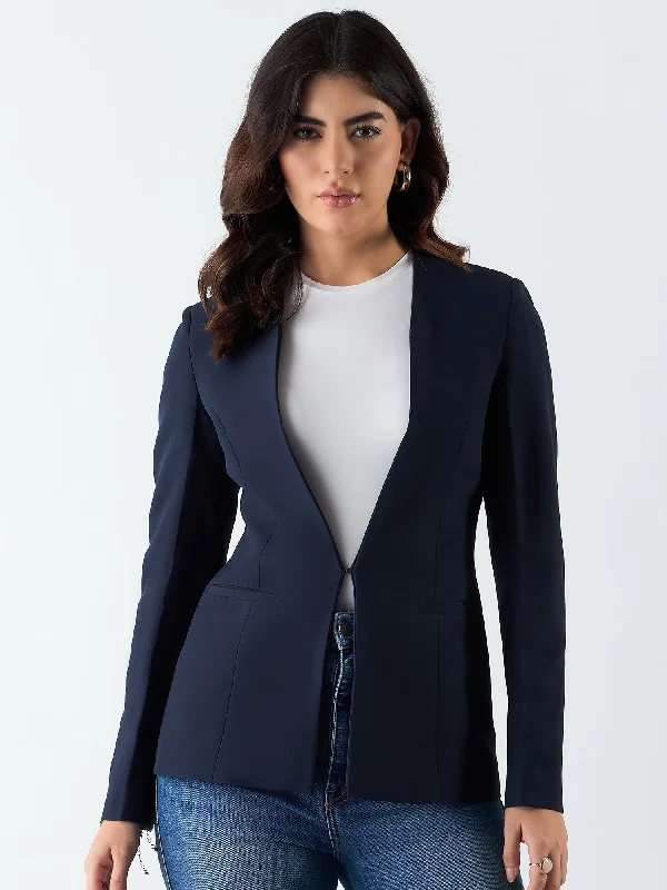 Navy Blue Poly Viscose Minimalist Regular Fit Blazer Women's Fashion Blazer