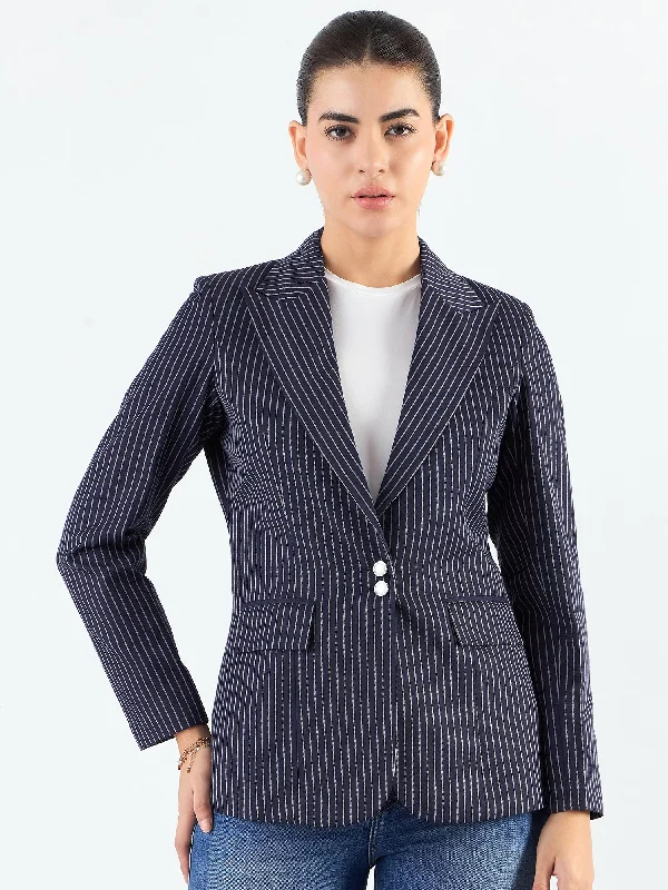 Navy Blue Polyester Striped Structured Notched Lapel Blazer Women's Luxurious Jacket