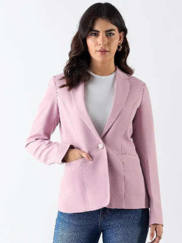 Pink Poly Viscose Notched Lapel Single Breasted Blazer Spring Women's Coat