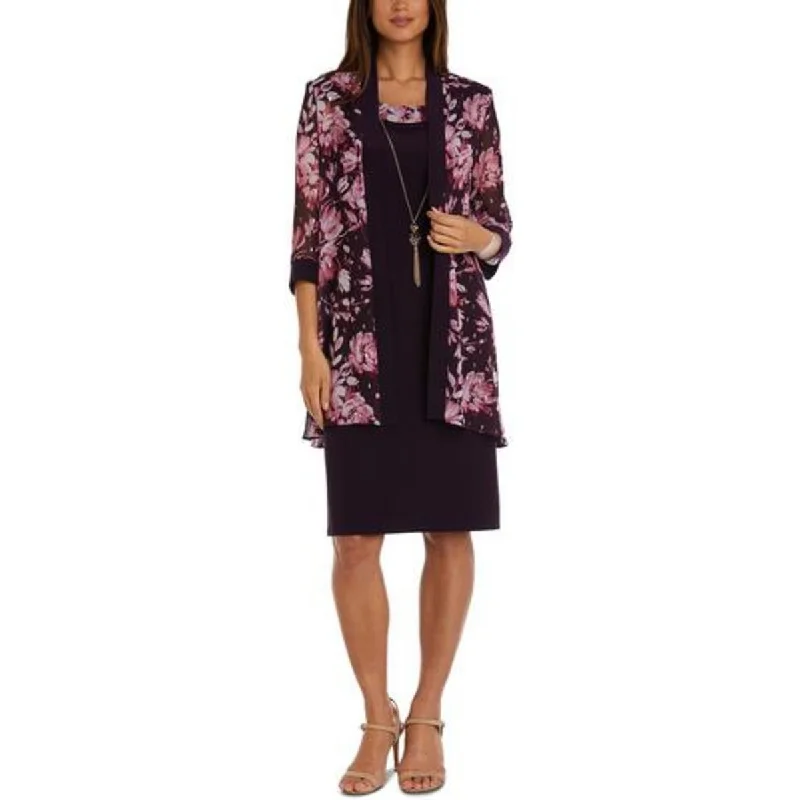 R&M Richards Womens Petites Chiffon Floral Duster Blazer Women's Navy Jacket