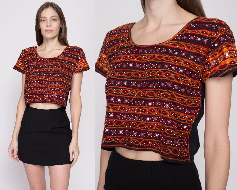 Small Vintage Indian Banjara Embroidered Mirror Choli Crop Top Houndstooth Herringbone Solid Small Vintage Indian Banjara Embroidered Mirror Choli Crop Top Houndstooth Herringbone Solid
