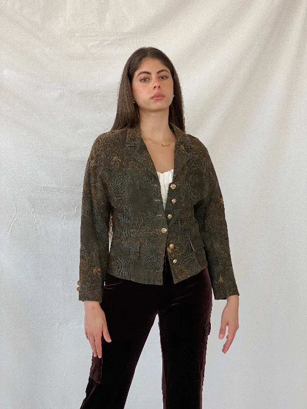 Vintage Happening Floral Olive Green Corduroy Heavy Blazer - M Women's Luxurious Jacket