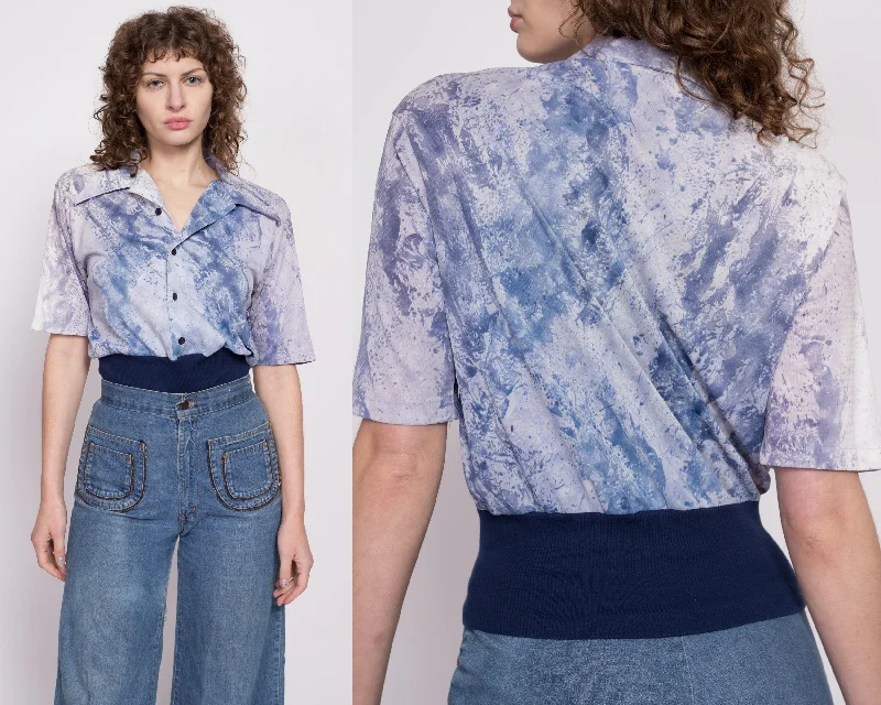 70s Blue Abstract Polo Crop Top - Medium Wool Fabric Cashmere Fabric Tweed Fabric