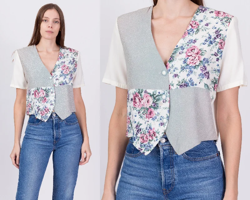 90s Grunge Rayon Patchwork Crop Top - Large Solid Print Embellished