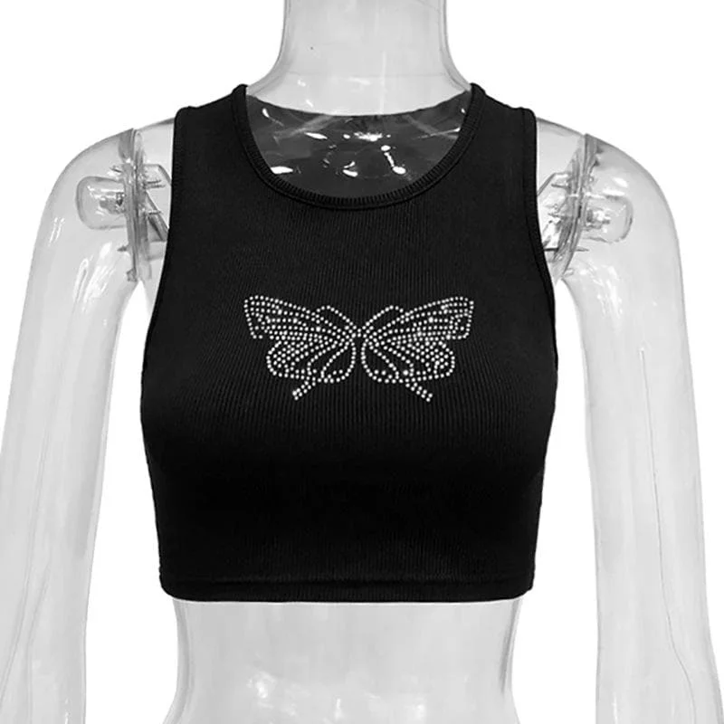 Beaded butterfly pattern ribbed solid sleeveless crop top Iron Safe Non-Iron Wrinkle Free Beaded butterfly pattern ribbed solid sleeveless crop top Iron Safe Non-Iron Wrinkle Free