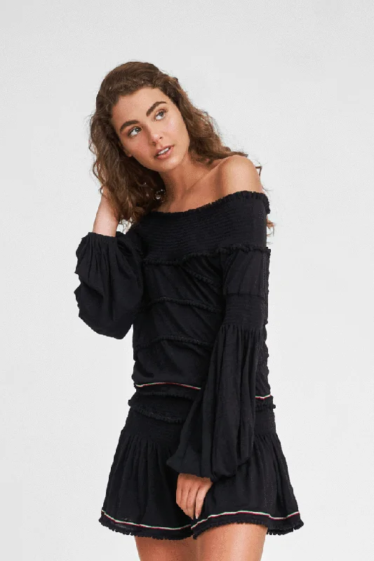 Bell Sleeve Crop Top In Black Embroidered Appliqued Beaded