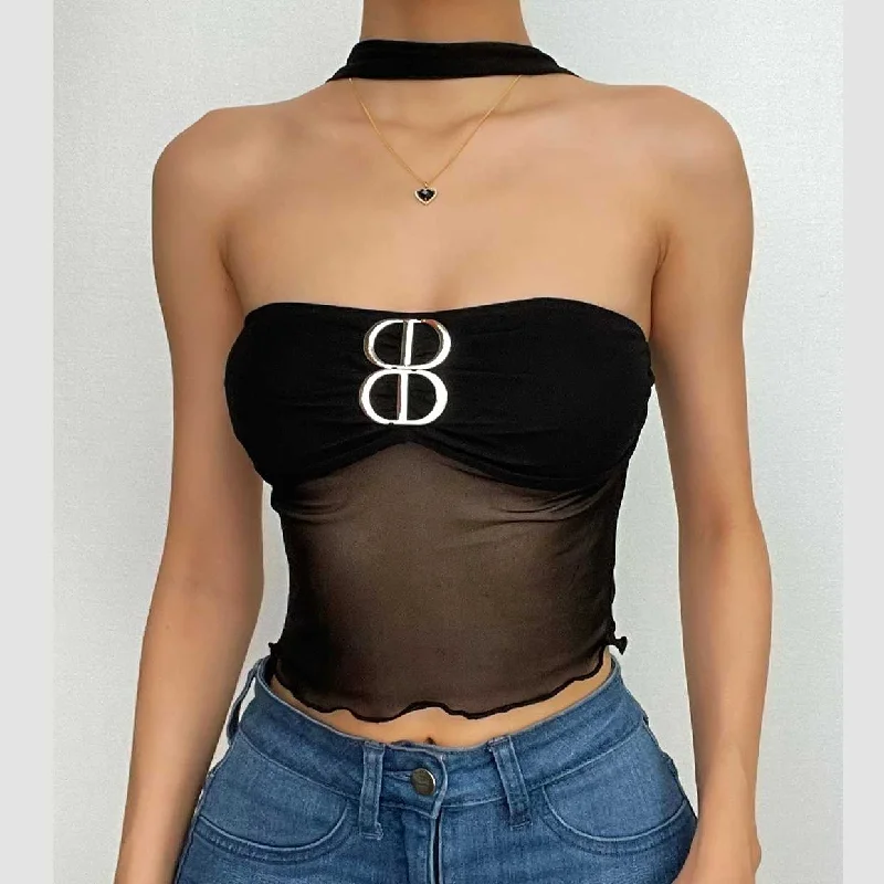 Buckle mesh ruffle halter backless low cut crop top Satin Blend Silk Blend Wool Blend Buckle mesh ruffle halter backless low cut crop top Satin Blend Silk Blend Wool Blend