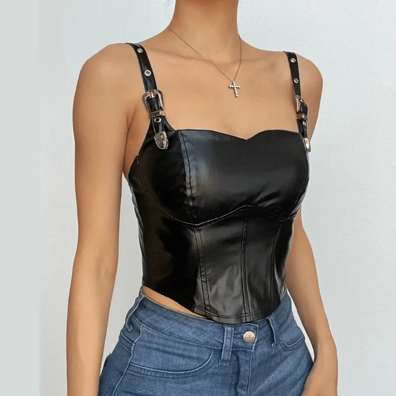 Buckle solid PU leather zip-up backless crop top Anti-Shrink Durable Soft