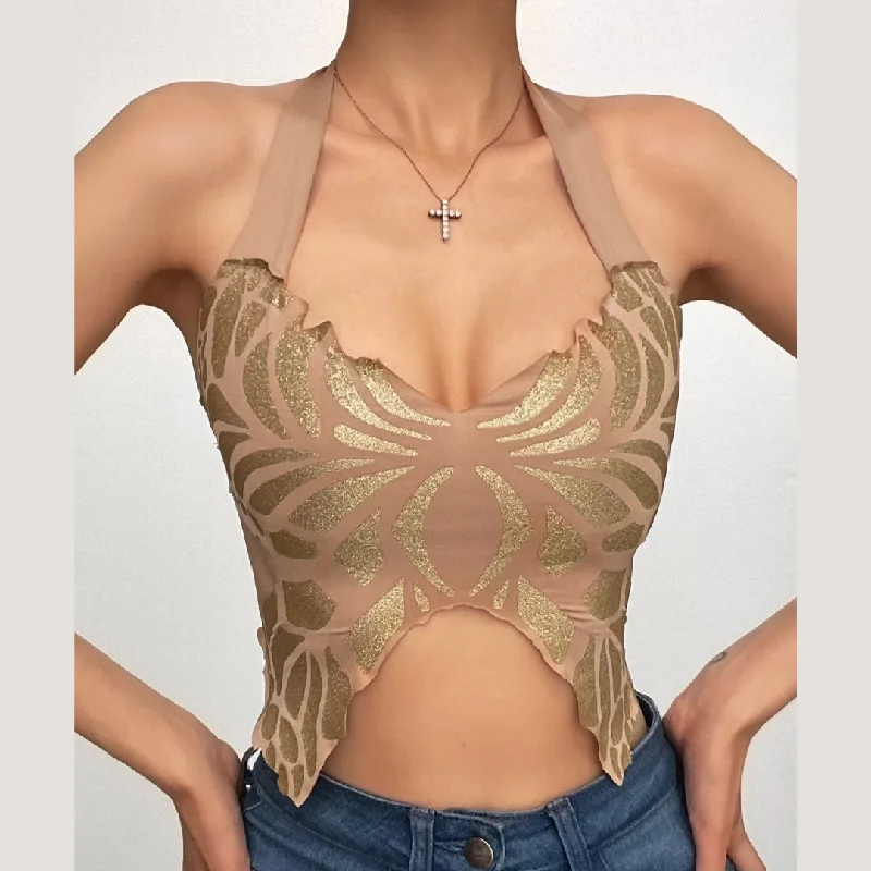 Butterfly pattern halter metallic self tie backless crop top Handmade Hand-knitted Hand-woven Butterfly pattern halter metallic self tie backless crop top Handmade Hand-knitted Hand-woven