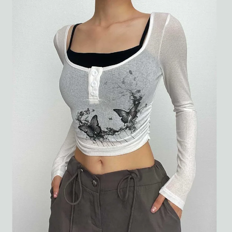 Butterfly pattern long sleeve button contrast 2 piece crop top Striped Floral Plaid