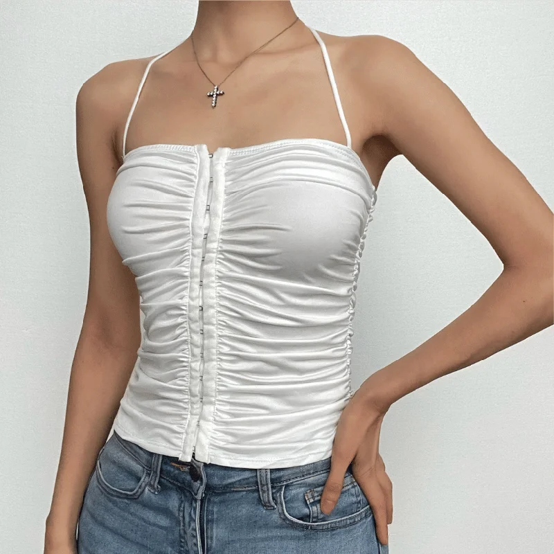 Button ruched solid halter backless crop top Modern Contemporary Chic