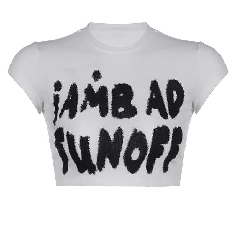 Cap sleeve crewneck "iAM BAD FUN OFF" pattern crop top Lace Blend Ribbed Blend Corduroy Blend Cap sleeve crewneck "iAM BAD FUN OFF" pattern crop top Lace Blend Ribbed Blend Corduroy Blend