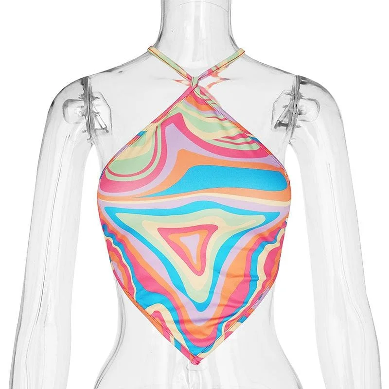 Contrast ripple halter backless self tie cross back crop top Casual Formal Business