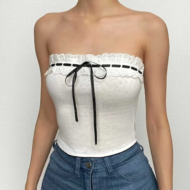 Contrast stitch lace hem self tie backless tube crop top Solid Color Striped Floral