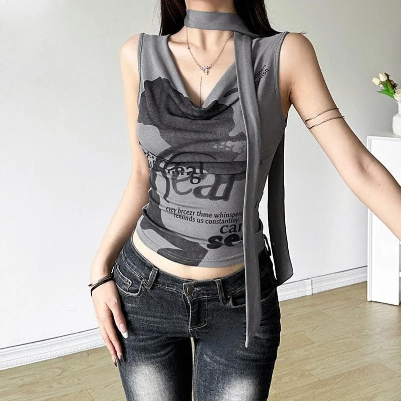 Cowl neck letter print sleeveless contrast crop top Chenille Blend Fleece Blend Nylon Blend Cowl neck letter print sleeveless contrast crop top Chenille Blend Fleece Blend Nylon Blend