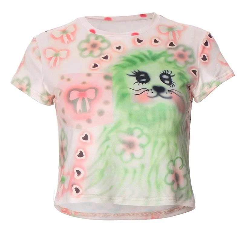 Crew neck short sleeve print crop top Crop Top Seamless Stretchy