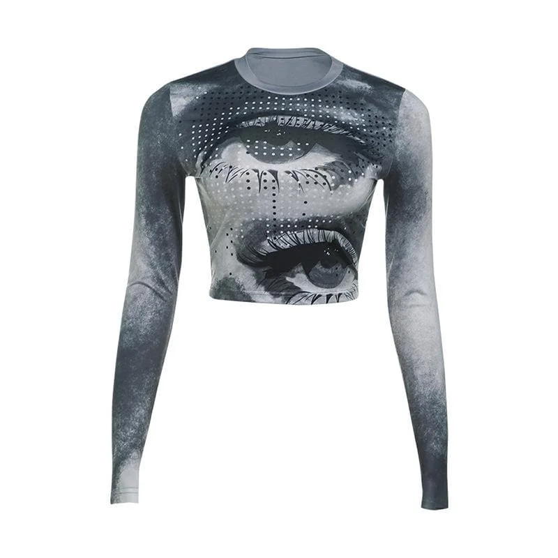 Crewneck long sleeve eye print contrast crop top Casual Formal Business