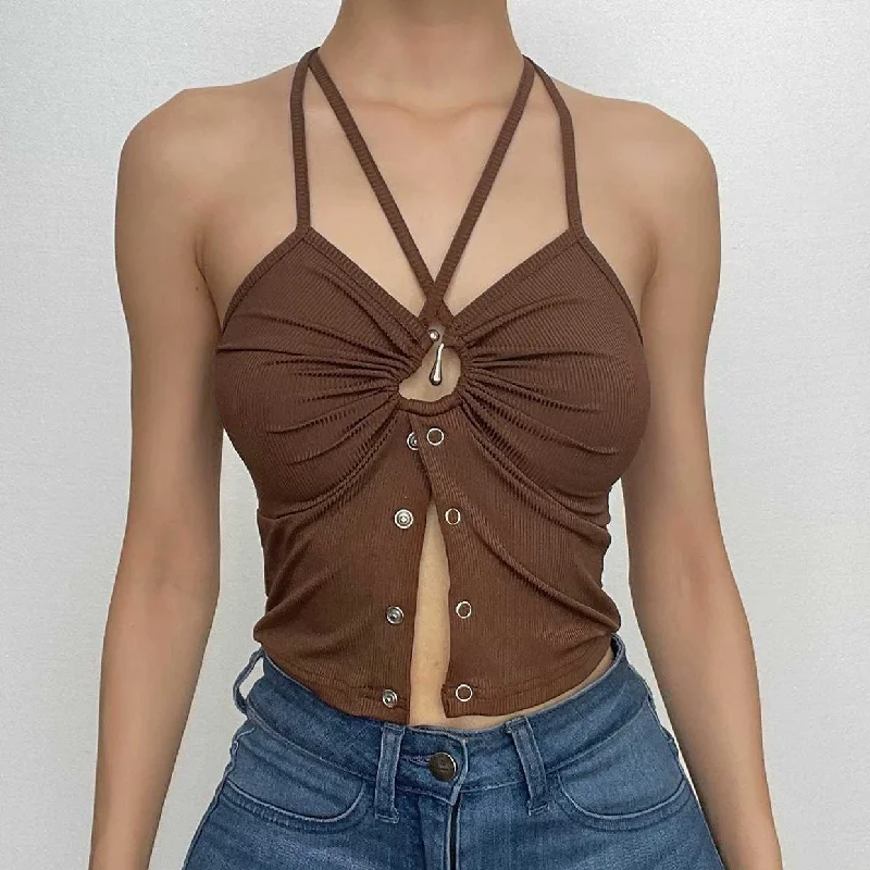 Cross front backless button ruched solid ribbed crop top Welt Pockets Slit Pockets Flap Pockets Cross front backless button ruched solid ribbed crop top Welt Pockets Slit Pockets Flap Pockets
