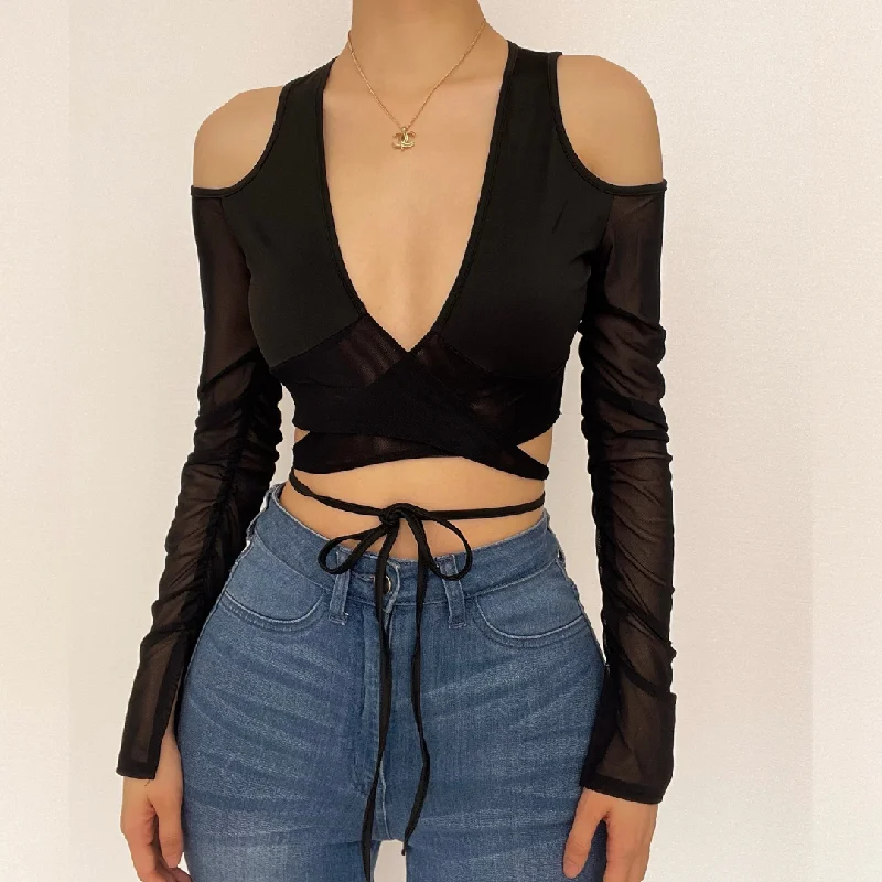 Cross front off shoulder long sleeve v neck mesh crop top Layered Multi-layer Single Layer Cross front off shoulder long sleeve v neck mesh crop top Layered Multi-layer Single Layer