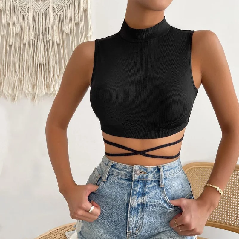 Cross front sleeveless high neck self tie ribbed crop top Plaid Crop Top Polka Dot Checkered Cross front sleeveless high neck self tie ribbed crop top Plaid Crop Top Polka Dot Checkered
