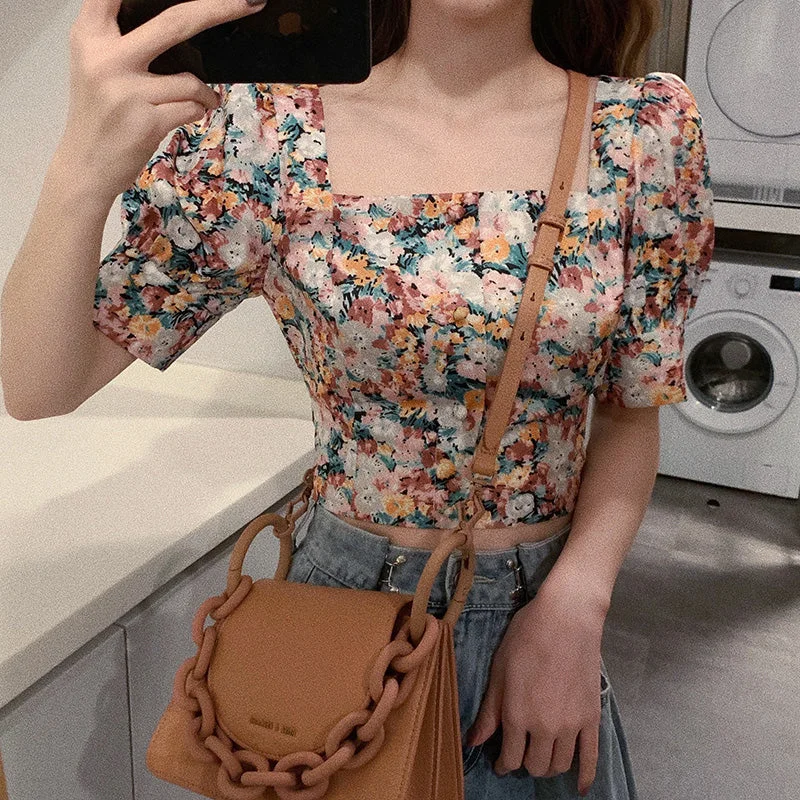 Cute floral crop tops  306 Mesh Blend Leather Blend Suede Blend