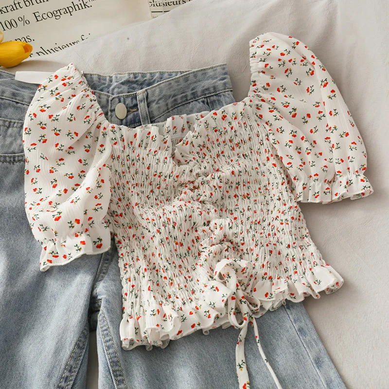 Cute floral drawstring crop top  293 Hooded Caped Shawl Collar