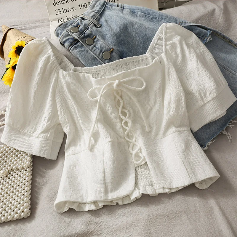 Cute lace up short sleeve top crop tops  296 Polka Dot Checkered Tartan