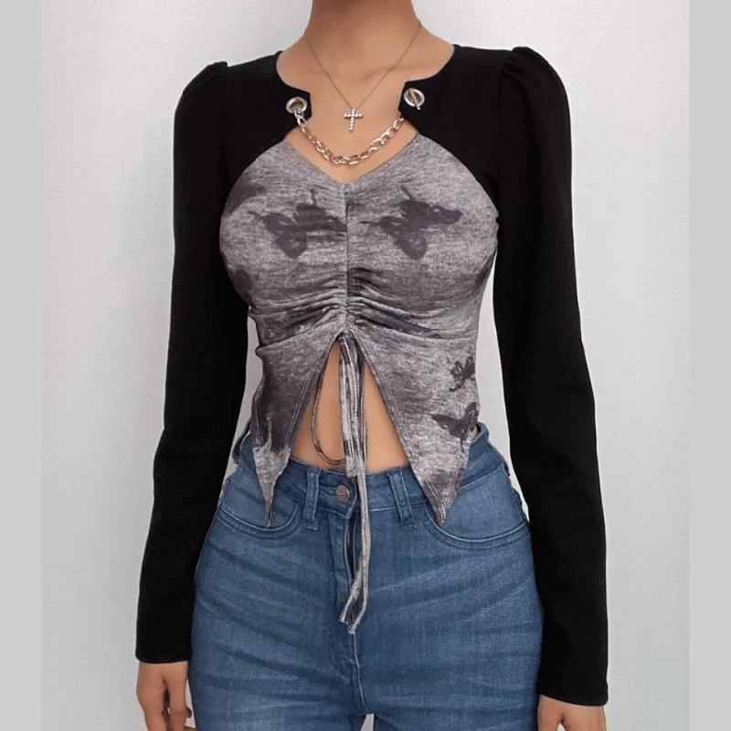 Drawstring tie dye contrast patchwork long sleeve metal chain crop top Welt Pockets Slit Pockets Flap Pockets Drawstring tie dye contrast patchwork long sleeve metal chain crop top Welt Pockets Slit Pockets Flap Pockets