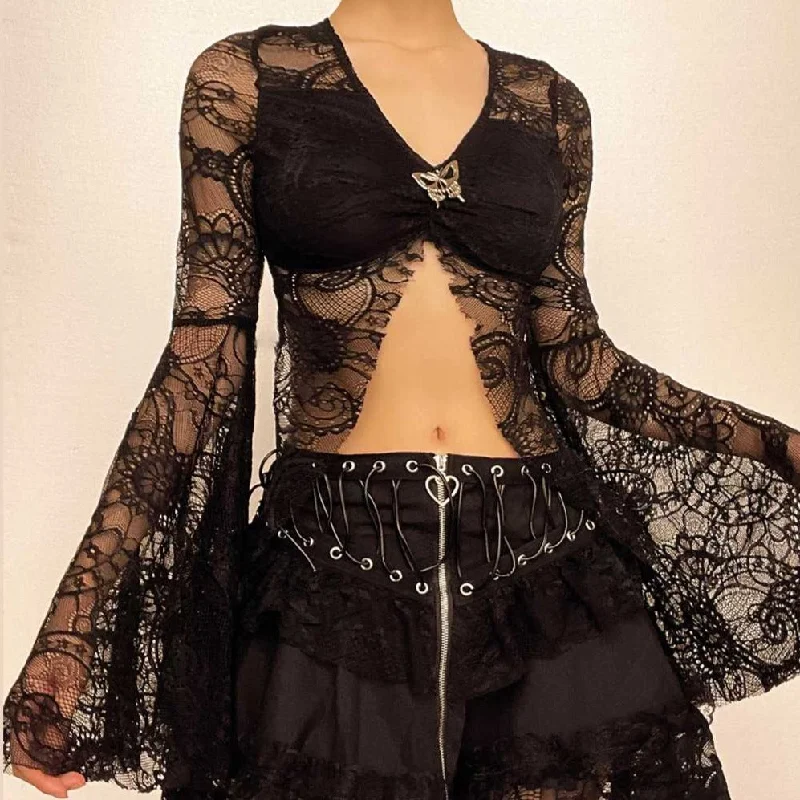Flared sleeve lace slit v neck solid crop top Embroidered Appliqued Beaded