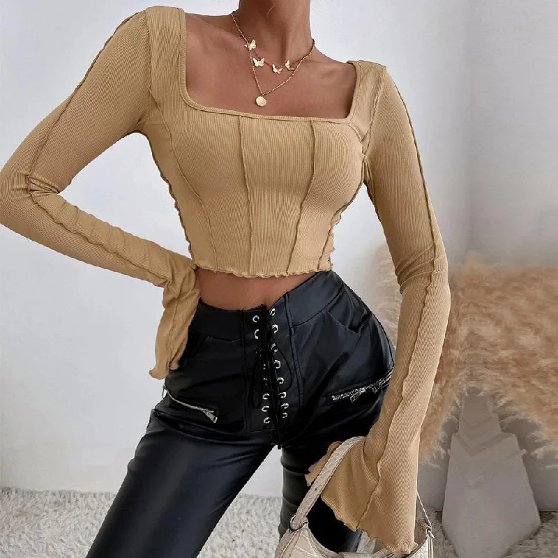 Flared sleeve ruffle stitch open tie back ribbed crop top Hooded Caped Shawl Collar